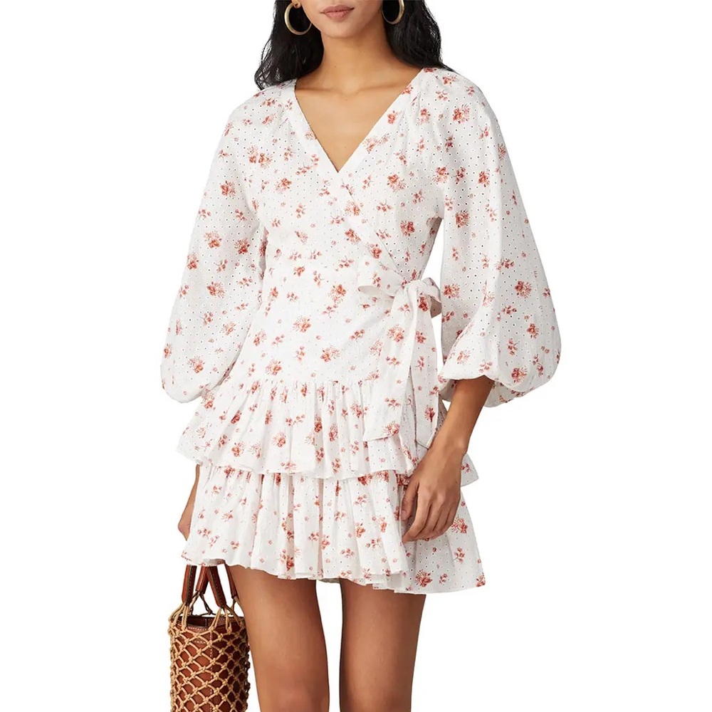 Maia Bergman rent the runway Floral Ines red  Floral eyelet Wrap Dress size XS